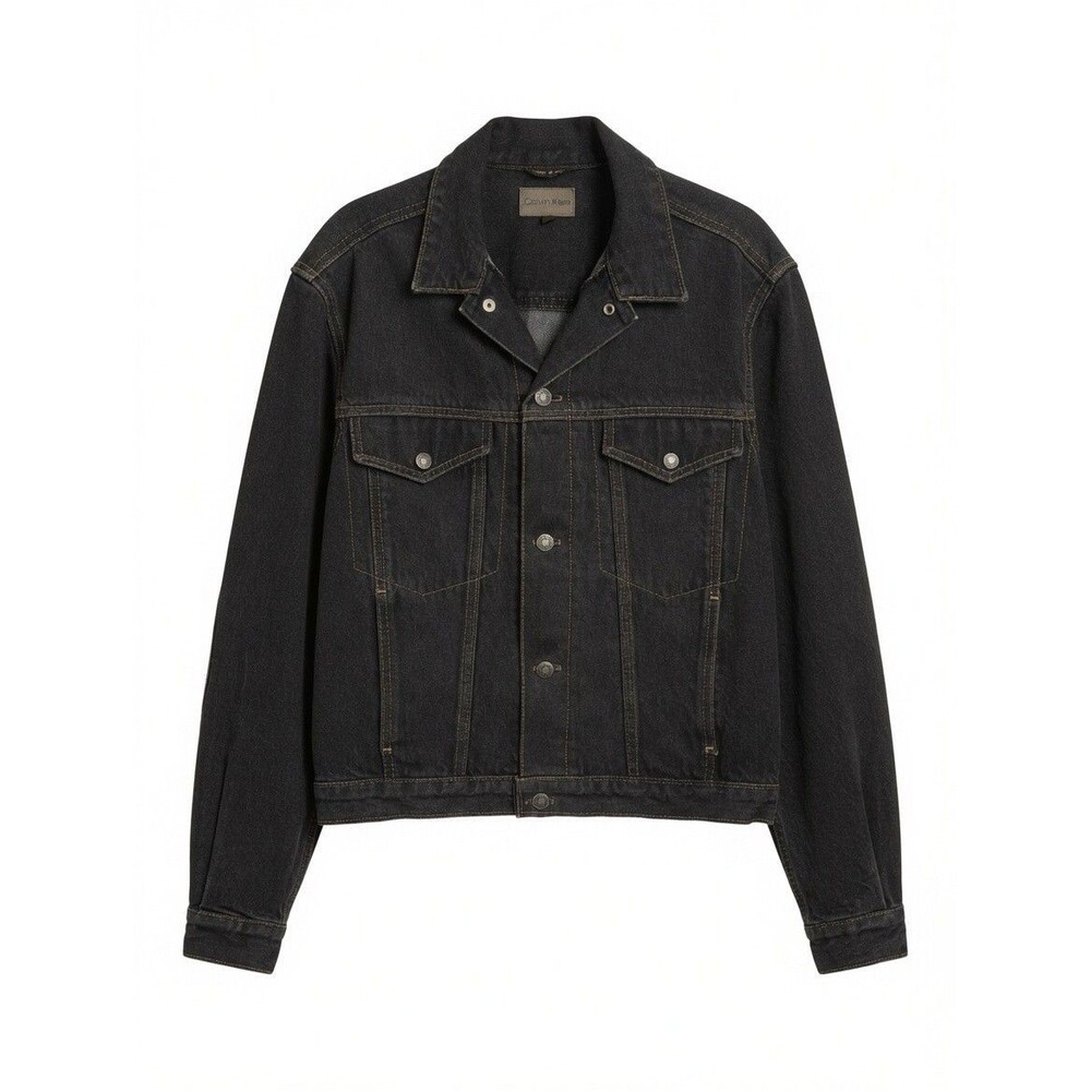 VTG 90s Calvin Klein Mens L Black Denim Cotton Trucker Work Jacket Made USA EUC